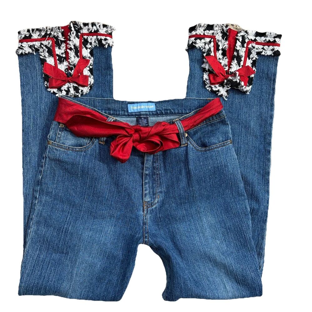 Y2K Denim Wide Leg Size Womens 10 Waist Tie Houndstooth Trim Retro Chic Cowgirl